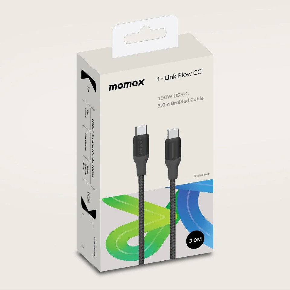 MOMAX 1-Link Flow DC26W 100W USB-C to USB-C PD Fast Charging Cable (3 Meter) White Durable