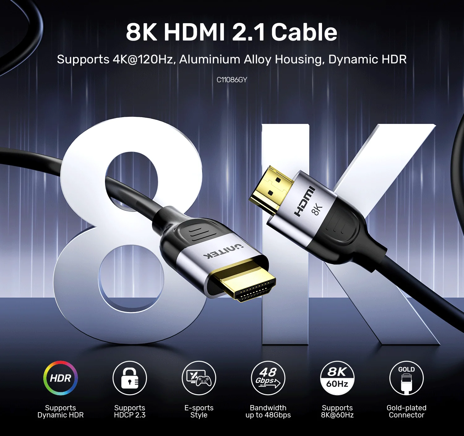 UNITEK C11086GY01 8K HDMI 2.1 Cable 3 Meter UNITEK C11086GY01 8K HDMI 2.1 Cable 3 Meter 48Gbps - UTECH