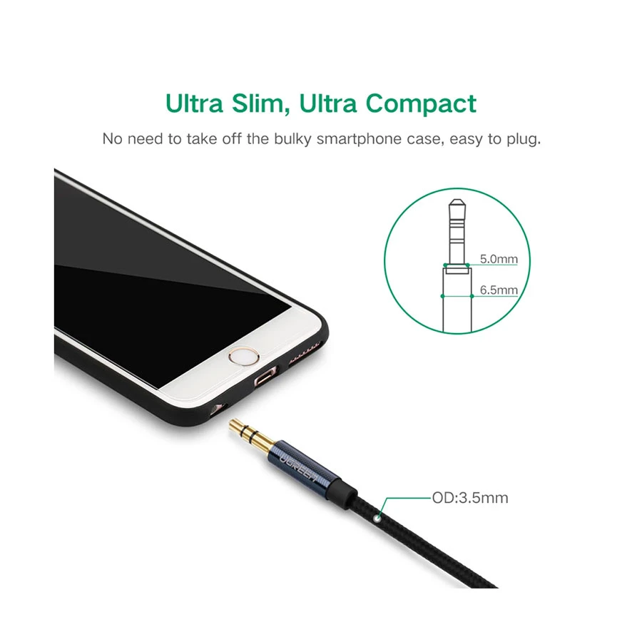 UGREEN 10689 3.5mm Male to Male AUX Audio Cable (5 Meter) Braided Blue with Gold-Plated - UTECH
