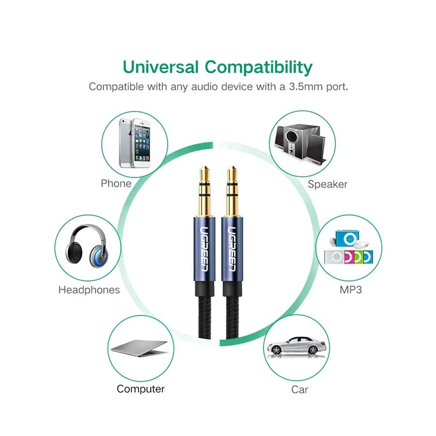 UGREEN 10689 3.5mm Male to Male AUX Audio Cable (5 Meter) Braided Blue with Gold-Plated - UTECH