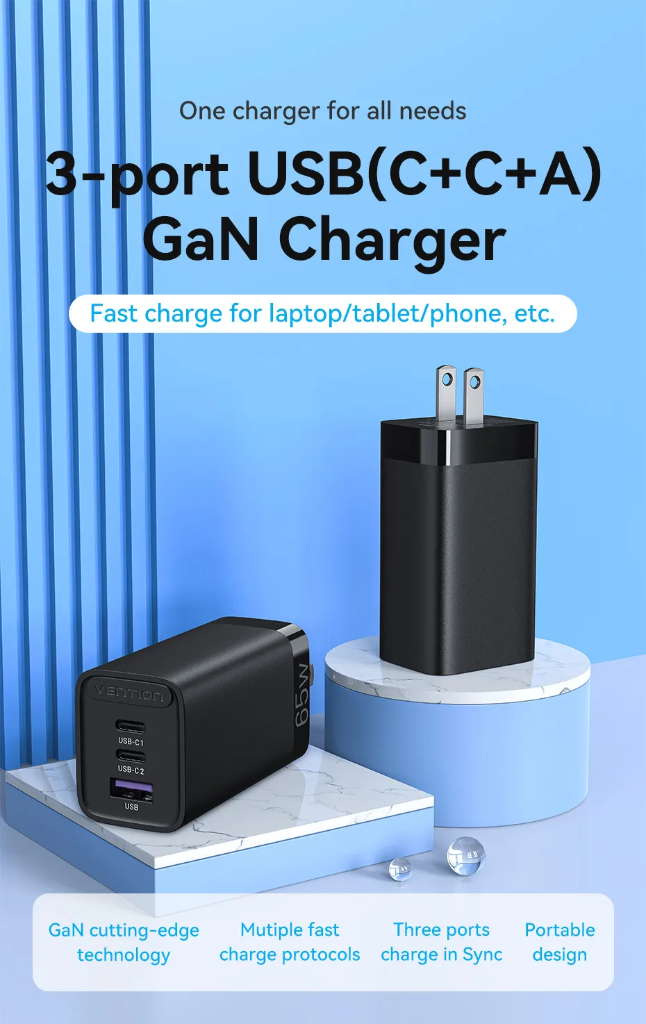VENTION FEDB0-US 65W GaN Charger VENTION FEDB0-US 65W GaN 3-Port USB-C Charger - UTECH