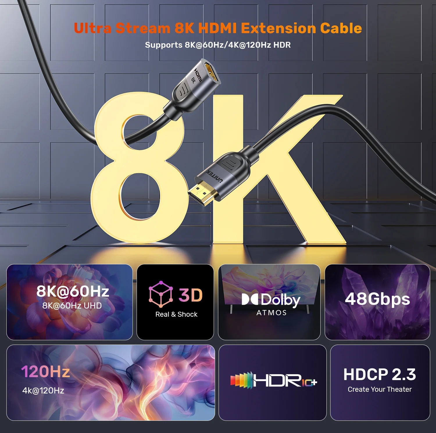 UNITEK C11091AGY01 8K HDMI Extension Cable 1 Meter UNITEK C11091AGY01 8K HDMI Cable 1 Meter 48Gbps - UTECH