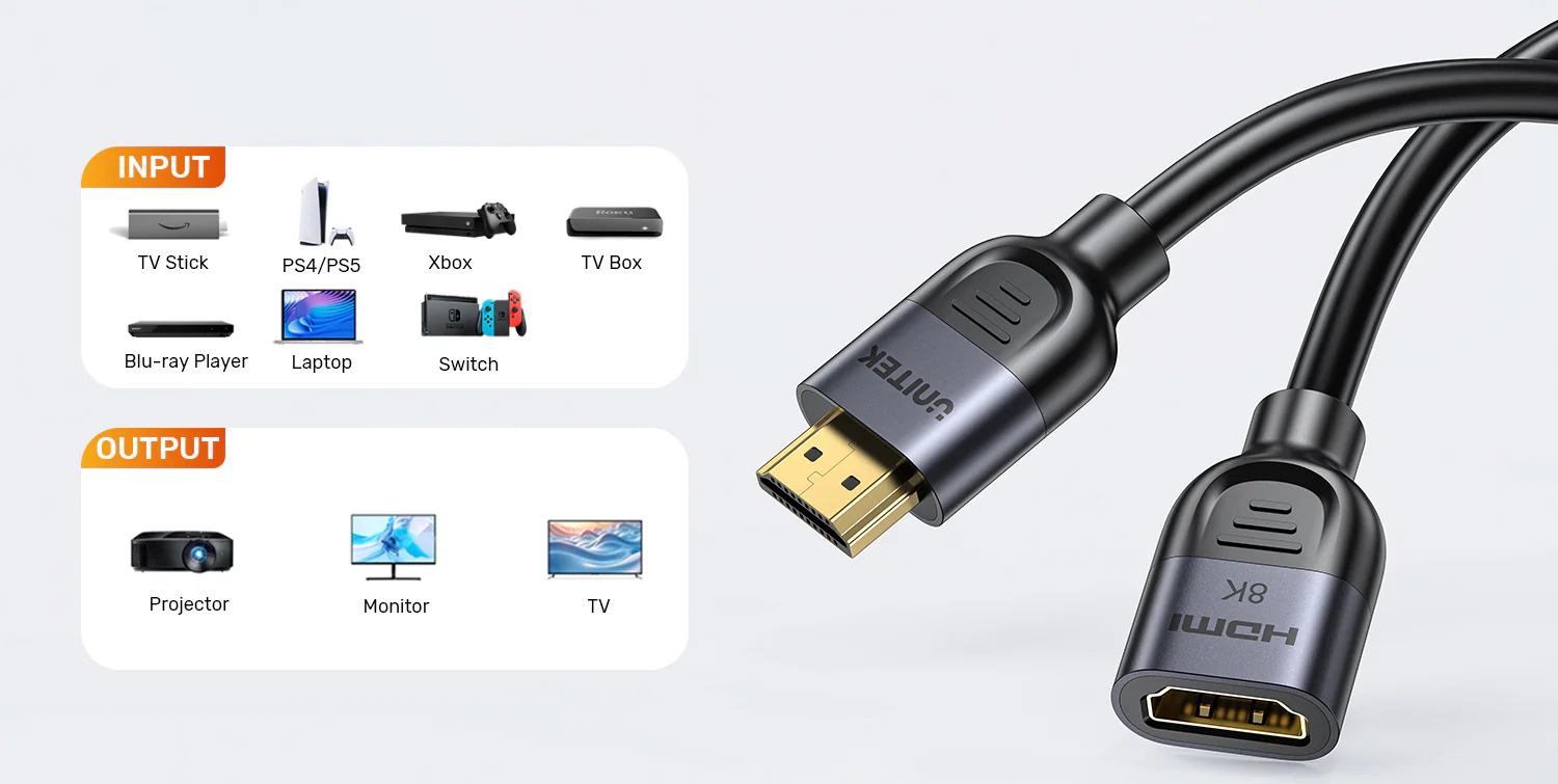 UNITEK C11091AGY01 8K HDMI Extension Cable 1 Meter UNITEK C11091AGY01 8K HDMI Cable 1 Meter 48Gbps - UTECH