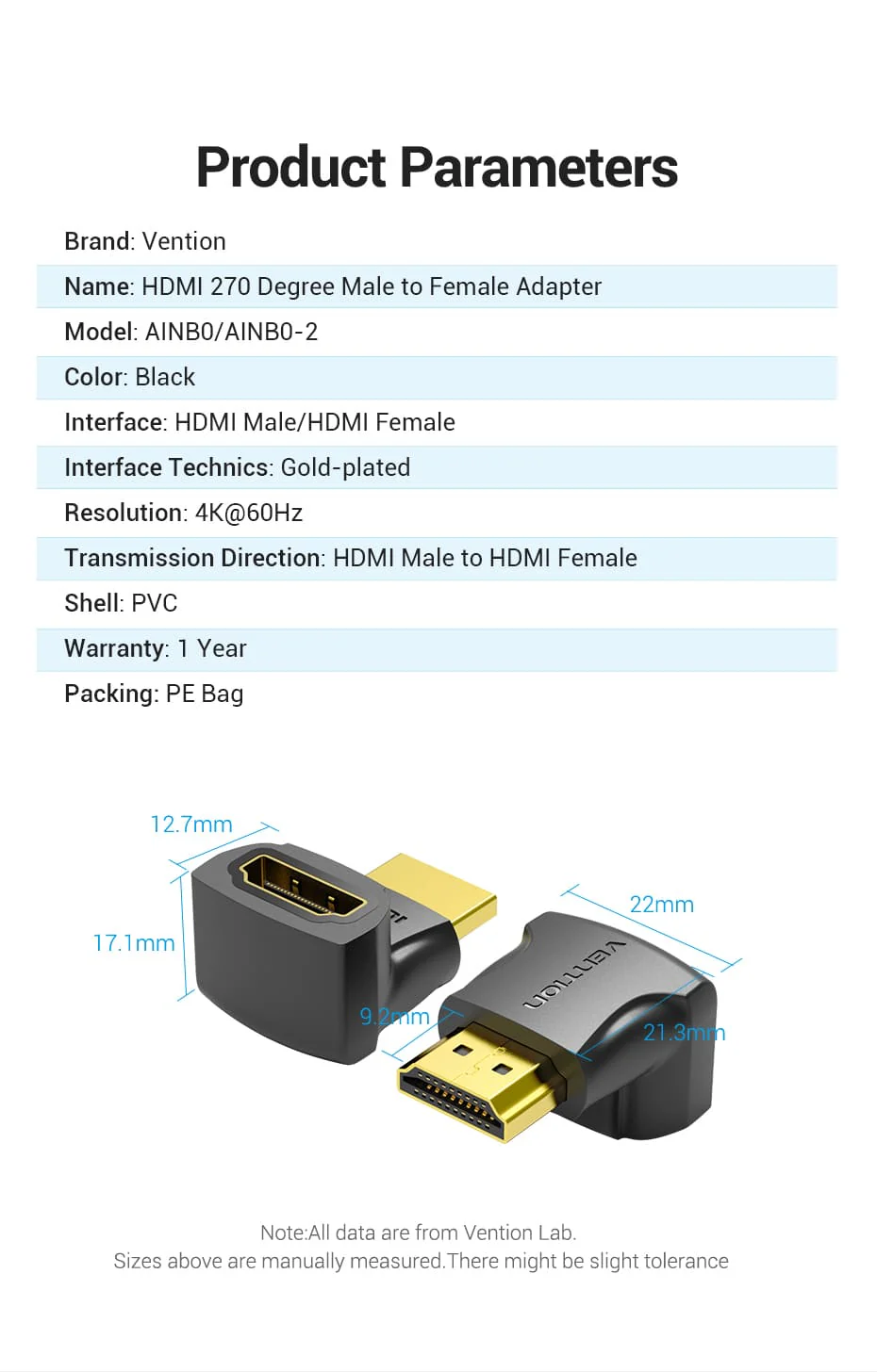 VENTION AINB0 HDMI 270° Adapter VENTION AINB0 HDMI 270° Male to Female Adapter 4K - UTECH