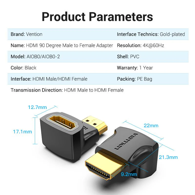VENTION AIOB0 HDMI 90° Male to Female Adapter 4K - UTECH