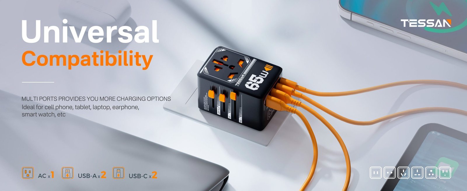 TESSAN Universal Travel Adapter Price in Pakistan TESSAN TS-WTA03 65W GaN Universal Travel Adapter - UTECH